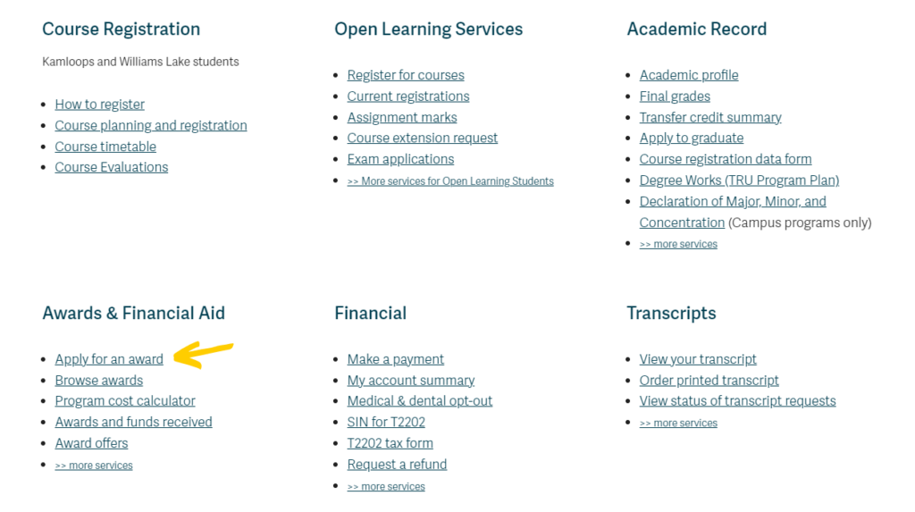 A screenshot of the myTRU website with a yellow arrow pointing to the link "Apply for awards" under the "Awards & Financial Aid" heading.