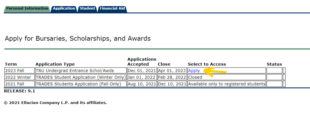 A screenshot from a student's myTRU account. The title of the tab reads "Apply for Bursaries, Scholarships, and Awards" A yellow arrow points to a link that says "Apply".