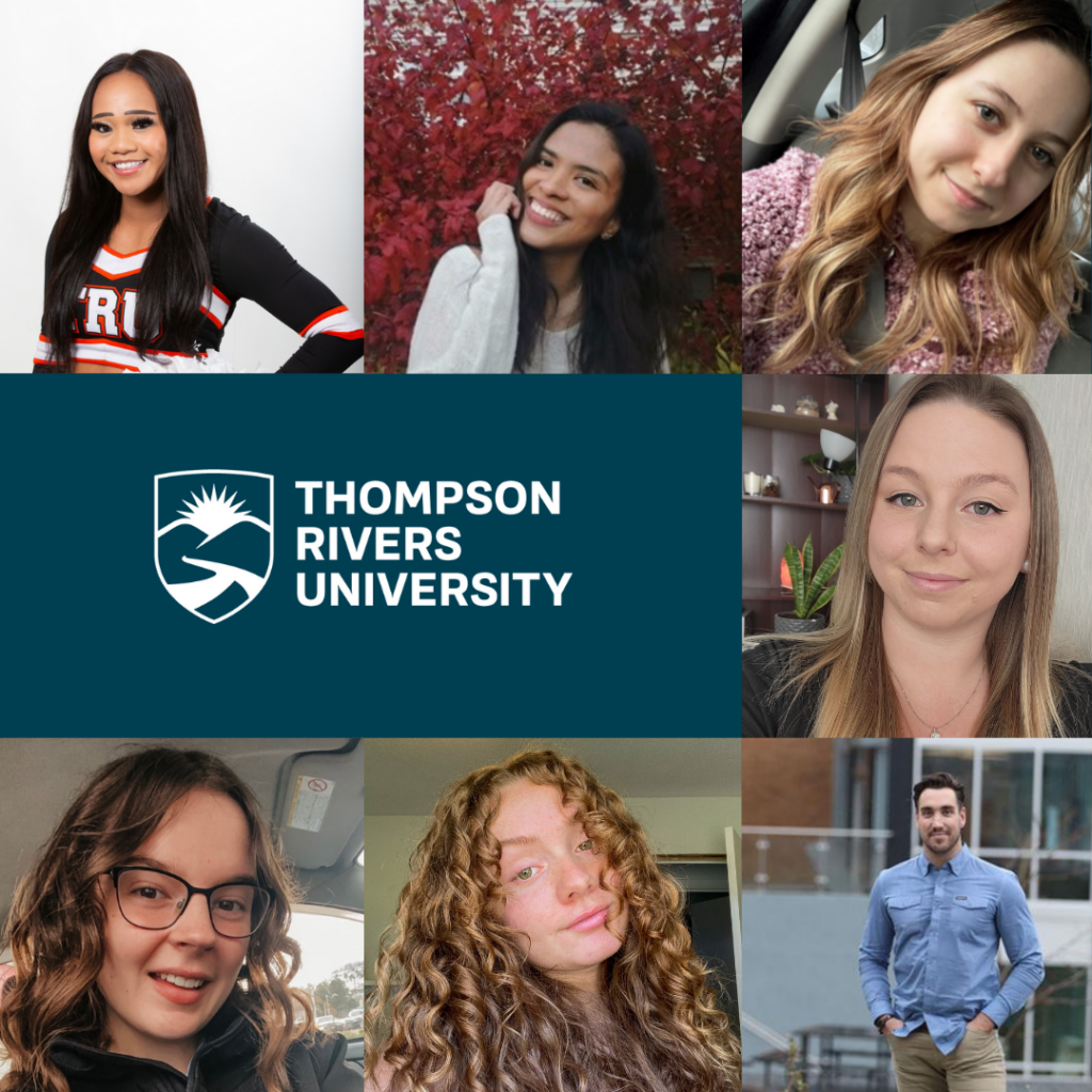 Collage of the seven student ambassadors and the TRU logo