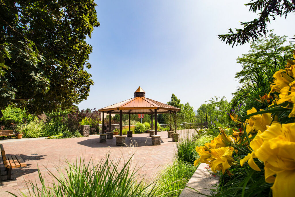 Image of gazebo and flowers in the horticulture gardens.