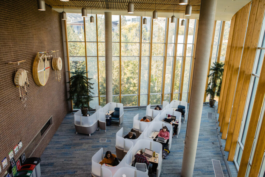 Image of study pods on the fourth floor of HOL taken from above.
